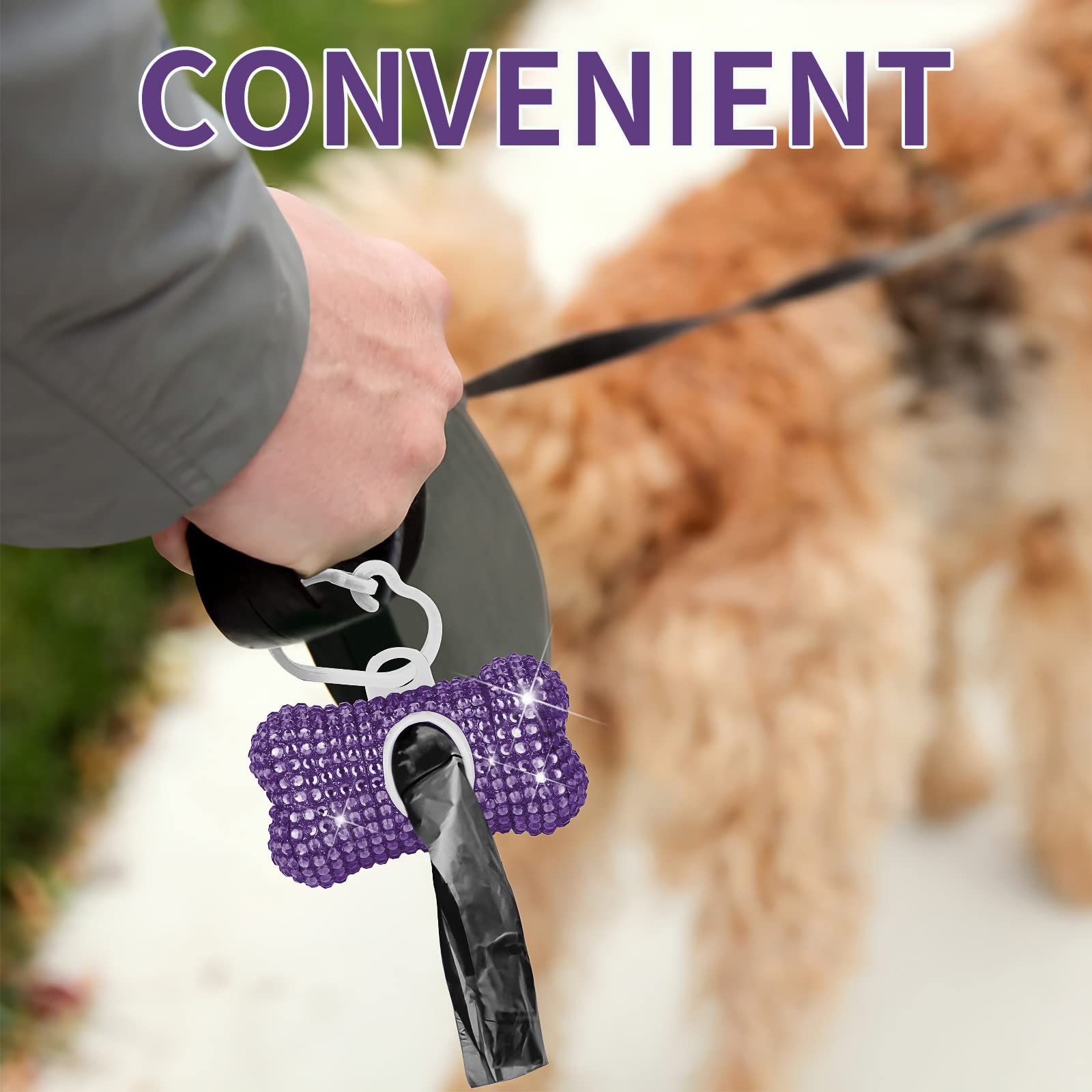 Eing Rhinestone Dog Poop Bag Holder - Doggy Waste Bags Dispenser with Metal Carabiner Clip - Includes 10 Roll (150 Bags), Purple - Image 6