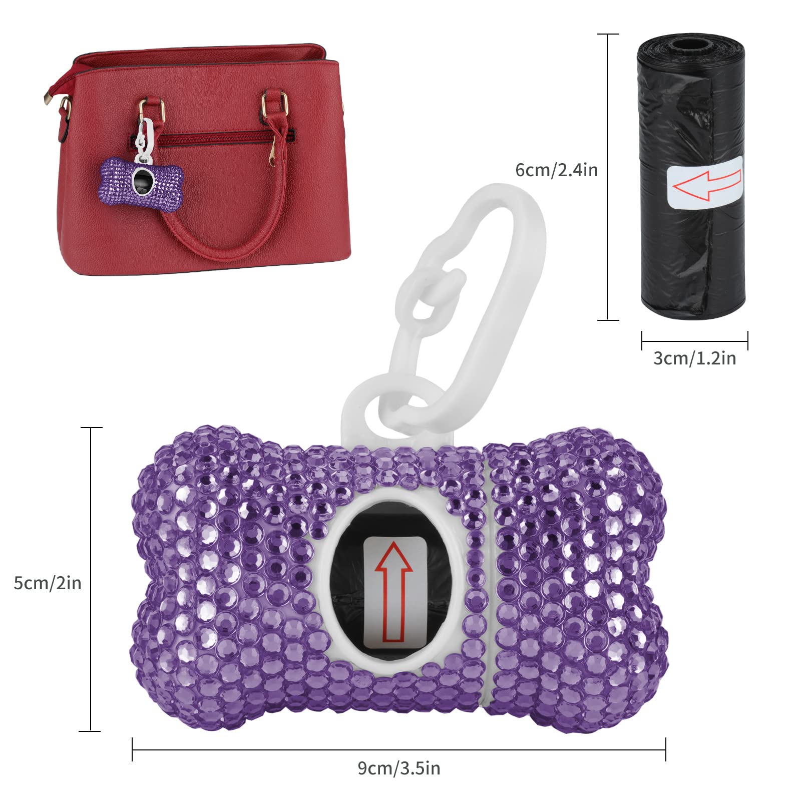 Eing Rhinestone Dog Poop Bag Holder - Doggy Waste Bags Dispenser with Metal Carabiner Clip - Includes 10 Roll (150 Bags), Purple - Image 7